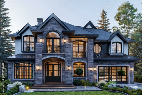 A Two-Story Home with Gray Stone Exterior and Black Roof