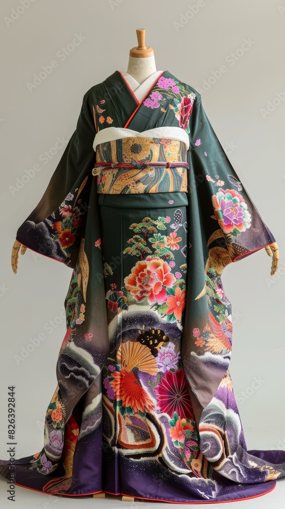 A woman wearing a kimono with a floral pattern A woman wearing a kimono with a floral pattern