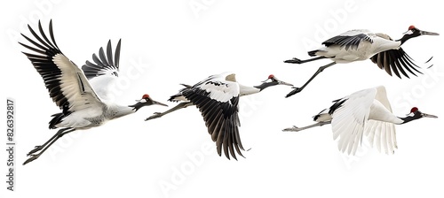 Photo of Red-crowned cranes flying in flight  pure white background  3 different poses  high definition photography