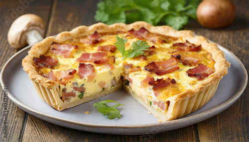 Bacon quiche on a plate with a missing slice.