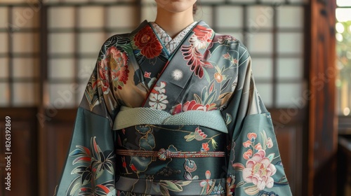 A woman wearing a kimono with floral patterns © duyina1990