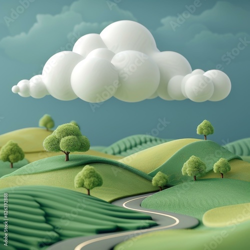 Tranquil Cartoon Green Hill 3D Illustration