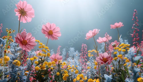 Vibrant pink and yellow wildflowers bloom in a field bathed in sunlight. photo