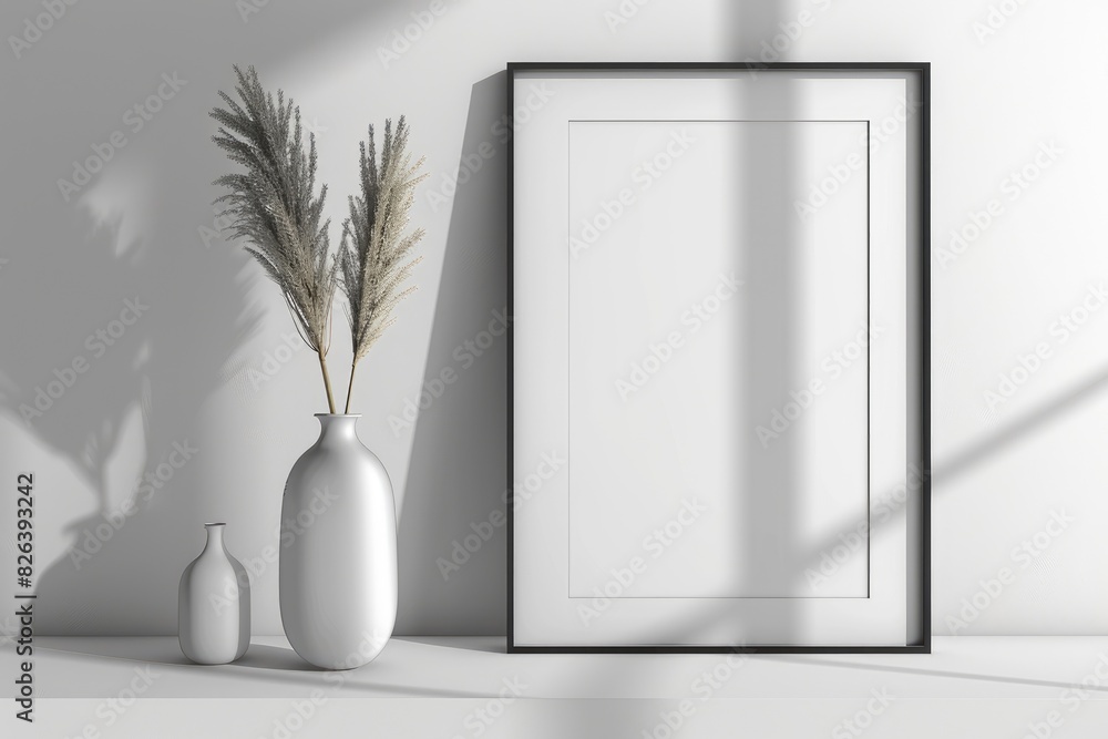 Blank picture frame mockup on wall in modern interior. Artwork template mock up in interior design with trendy vase. Blank picture frame mockup on wall in modern interior. Artwork template mock up in interior design with trendy vase.