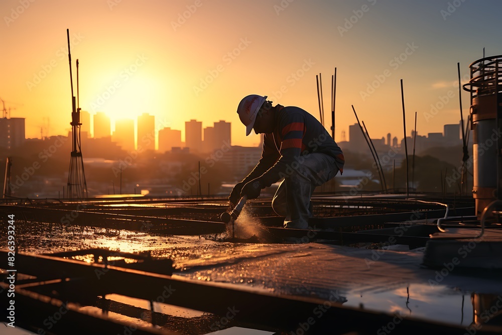 Construction worker at work in the building site at sunset time, Construction worker at work in the building site at sunset time,