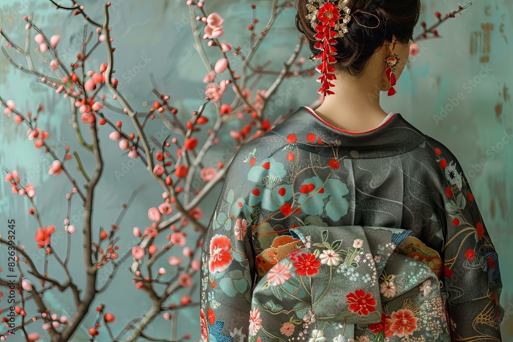 A woman wearing a kimono with a floral pattern and a red obi A woman wearing a kimono with a floral pattern and a red obi