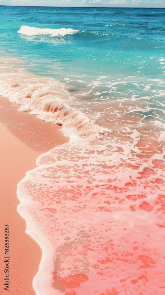 Soft-hued pink sandy beach meeting gentle turquoise waves, ideal for tranquil backgrounds