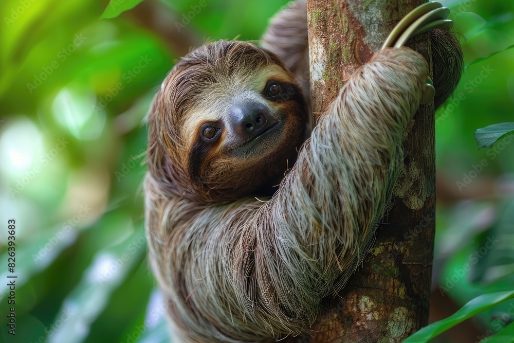 Fototapeta premium Funny sloth hanging on tree branch. Wild animal in the rainforest of Costa Rica
