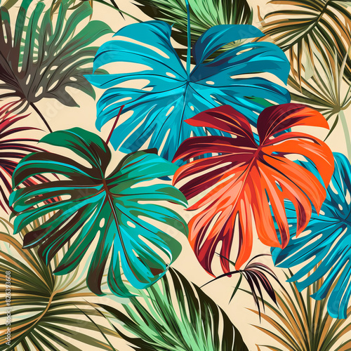 Background with plant leaves with palm or monstera branches.