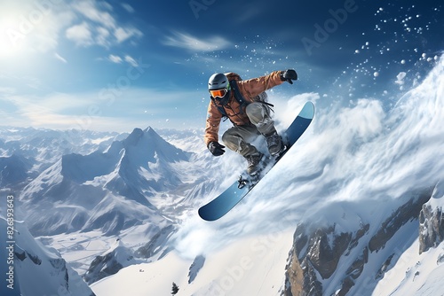 Snowboarder jumping in mountains. Extreme winter sport.