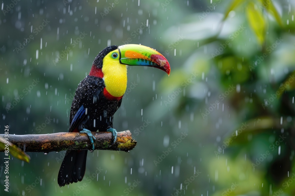 Obraz premium A toucan sits on a branch in the rain in the rainforest.
