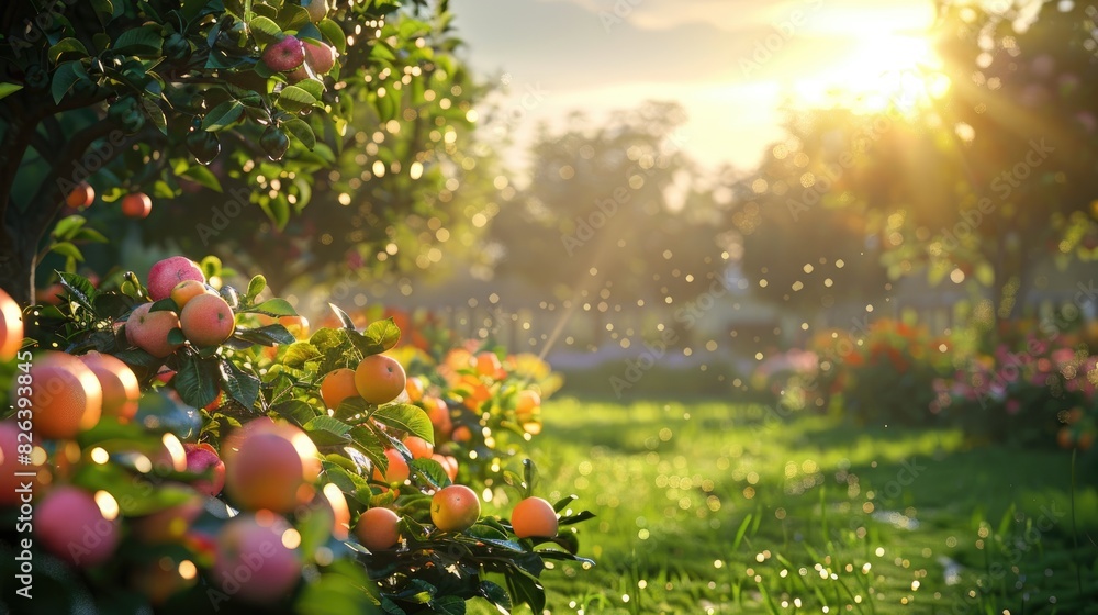 Automatic garden watering system on turf. Landscape design with lawn and fruit garden irrigated Automatic garden watering system on turf. Landscape design with lawn and fruit garden irrigated