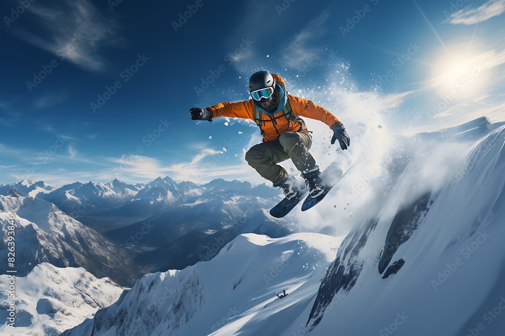 Snowboarder jumping in mountains. Extreme winter sport.