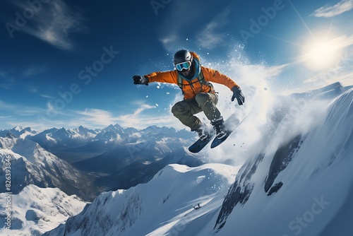 Snowboarder jumping in mountains. Extreme winter sport.