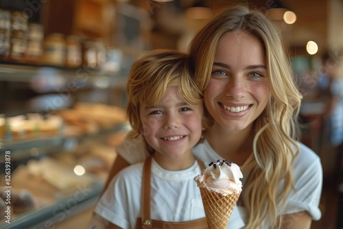 A cheerful young woman and little boy smiling with an ice cream cone inside a cozy caf   atmosphere