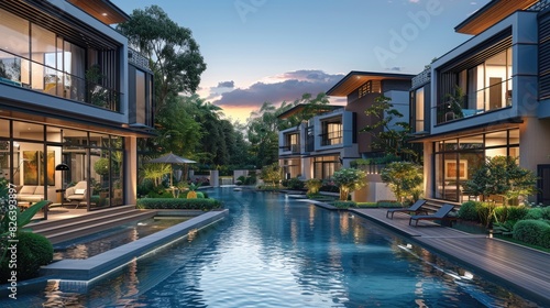 Luxury housing projects, featuring modern townhouses and villas. Real estate market with property listings.