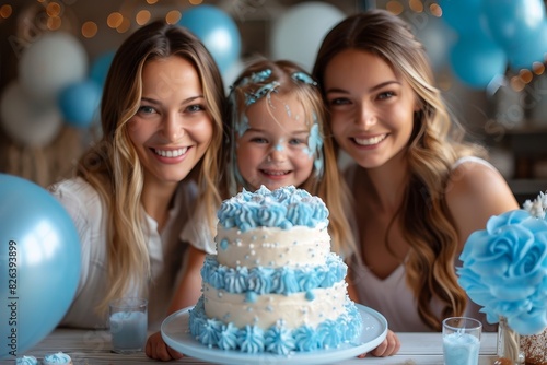 A hilarious moment as a little girl shows off her cake-covered face with two women laughing in background