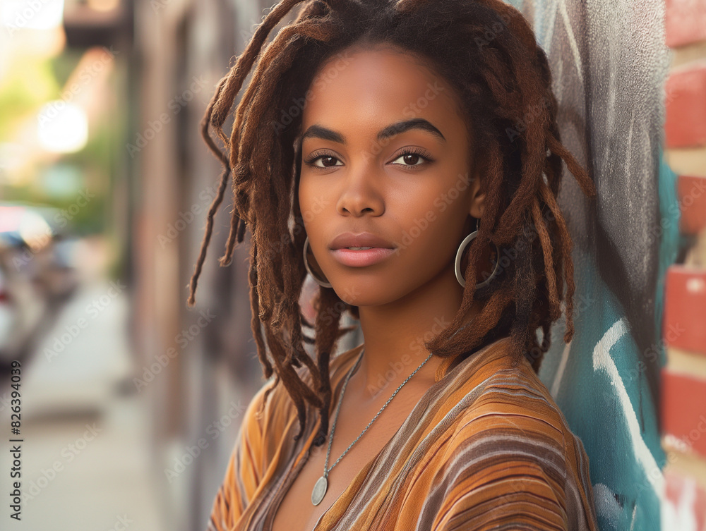 Stunning portrait of a young woman with beautiful dreadlocks, wearing stylish earrings and leaning against a textured urban wall, perfect for lifestyle and fashion themes. Stunning portrait of a young woman with beautiful dreadlocks, wearing stylish earrings and leaning against a textured urban wall, perfect for lifestyle and fashion themes.