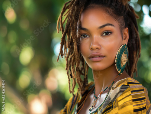 Stunning portrait of a young woman with intricate dreadlocks and vibrant accessories, set against a lush, blurred green background, perfect for lifestyle and beauty themes. © Antonio