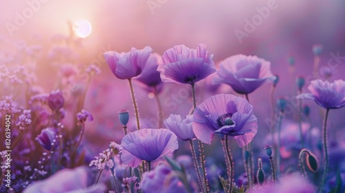 Purple poppy blossoms in a field