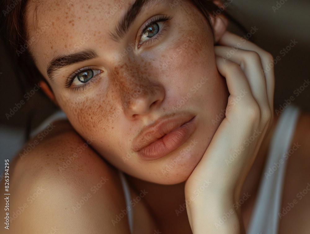 Close-up portrait of a young woman with striking freckles and piercing blue eyes, exuding natural beauty and a serene expression, ideal for beauty and lifestyle photography. Close-up portrait of a young woman with striking freckles and piercing blue eyes, exuding natural beauty and a serene expression, ideal for beauty and lifestyle photography.