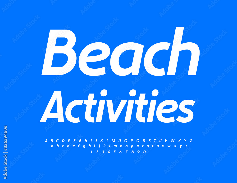 Vector bright logo Beach Activities. Modern White Font. Creative Alphabet Letters and Numbers set.