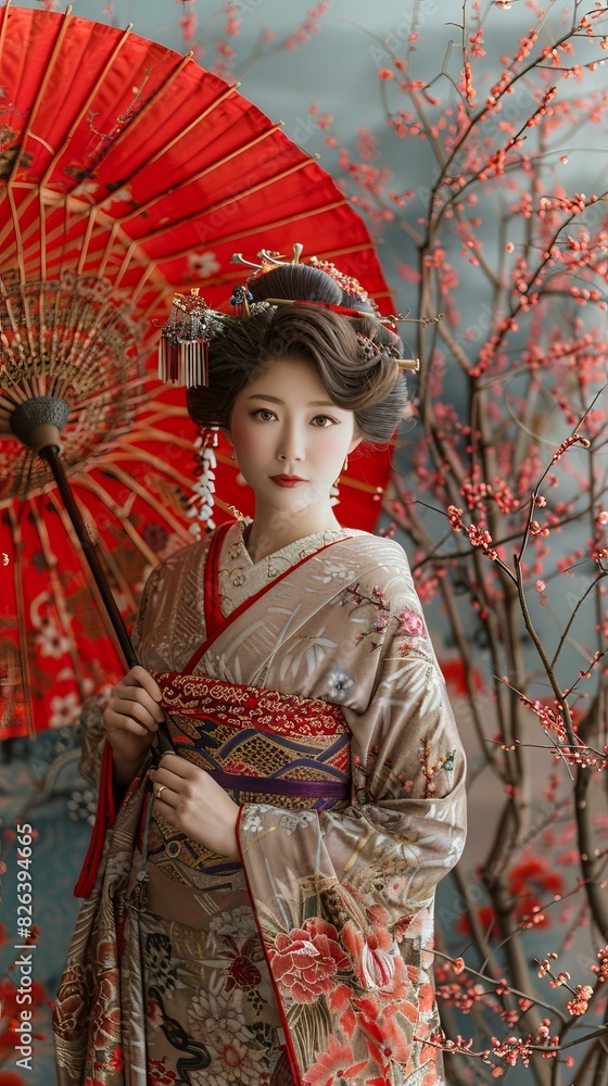 Portrait of a Japanese woman in traditional kimono holding a red umbrella Portrait of a Japanese woman in traditional kimono holding a red umbrella