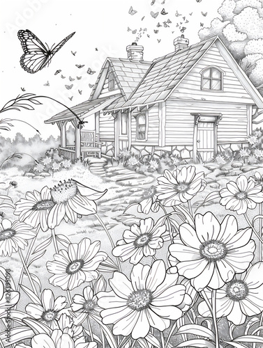 Wallpaper Mural Coloring pages of blossom flowers with butterfly in garden with house in summer. Torontodigital.ca