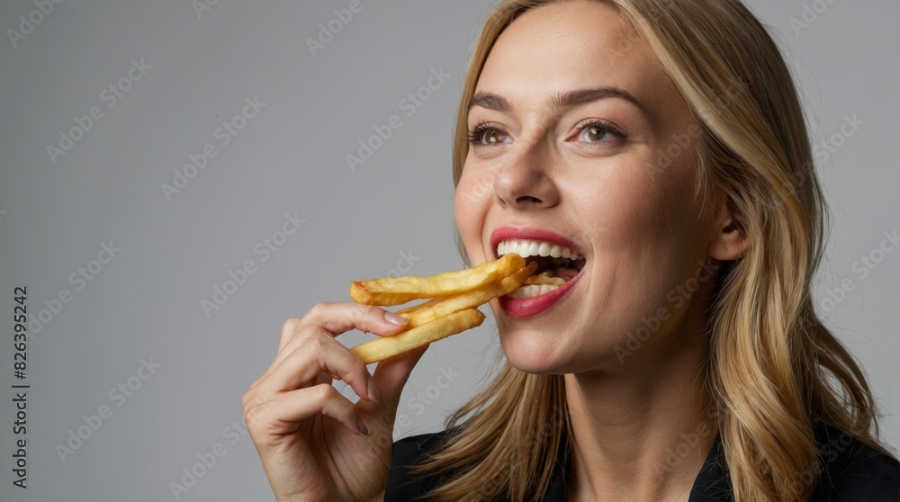 Young Woman Enjoying Delicious French Fries: Close-Up Portrait Young Woman Enjoying Delicious French Fries: Close-Up Portrait
