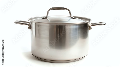 A large stainless steel cooking pot with a lid and two handles. The pot is isolated on a white background.