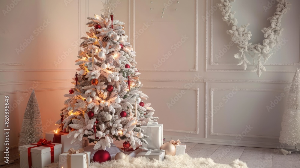 White Christmas Tree with Decorations and Lights Indoors
