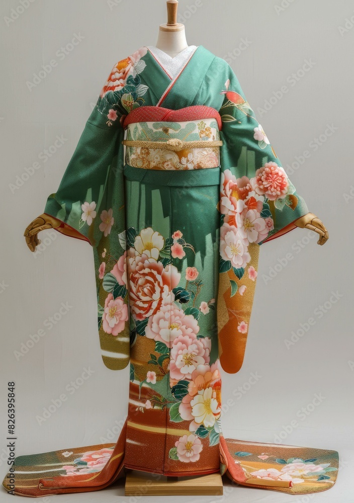 A woman wearing a green kimono with floral patterns. A woman wearing a green kimono with floral patterns.