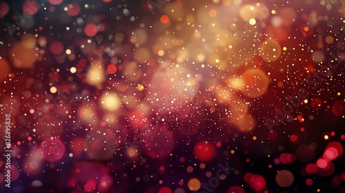 Abstract red and gold glowing bokeh background. Festive lights and stars. photo