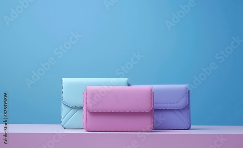 Photo of three women's handbags and clutch bags on a white table, in pink, purple and turquoise colors, against a pastel blue background, 