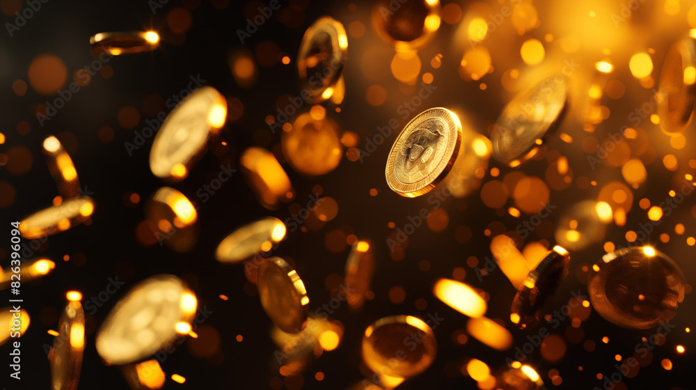 Numerous coins captured in a moment of motion, surrounded by sparkling orange bokeh highlights Numerous coins captured in a moment of motion, surrounded by sparkling orange bokeh highlights