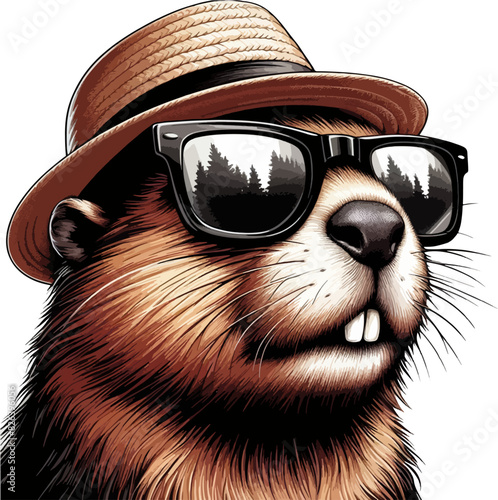 illustration of cool cartoon beaver in  sunglassses photo