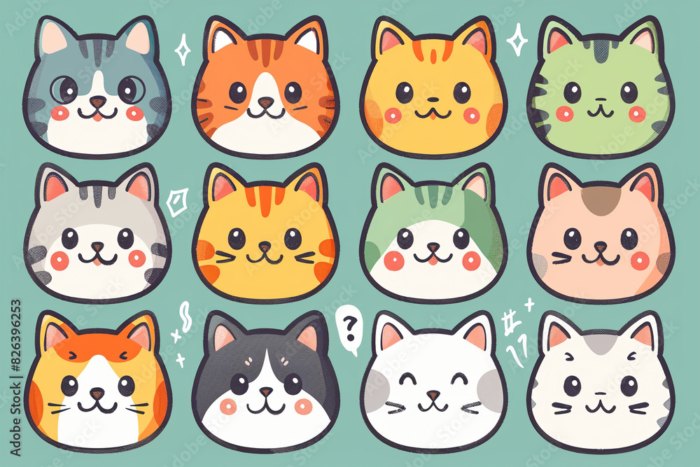 A grid of cute kawaii cat characters in the style of digital art and vector illustration, character design sheet, simple shapes with low details and flat colors, sticker designs in the style of vector A grid of cute kawaii cat characters in the style of digital art and vector illustration, character design sheet, simple shapes with low details and flat colors, sticker designs in the style of vector