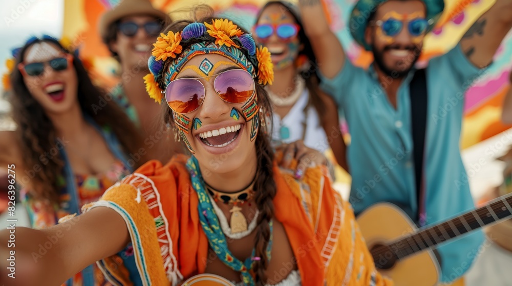 Joyful Hippie Music Festival Celebration. bohemian outfits, flower crowns, and face paint. Joyful Hippie Music Festival Celebration. bohemian outfits, flower crowns, and face paint.