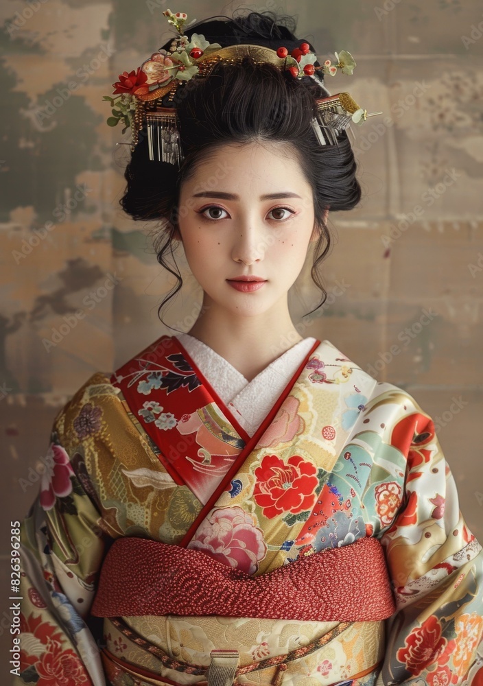 Portrait of a beautiful Japanese woman in traditional kimono