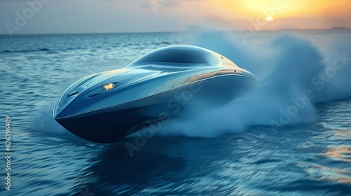 Render a scene of a futuristic hydrofoil ferry speeding along a high-tech waterway, its streamlined design skimming gracefully across the photo
