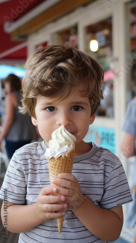 Young boy happily indulges in a creamy ice cream cone on a sunny day