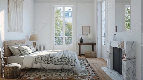 A bright, minimalist bedroom with white walls and large windows