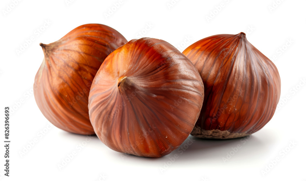 Three hazelnut with green leaf isolated on white background. Food concept. Three hazelnut with green leaf isolated on white background. Food concept.