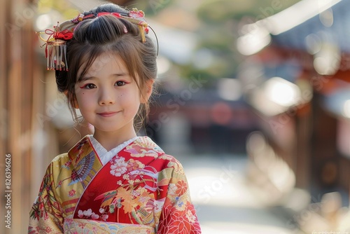 A cute little Japanese girl wearing a kimono is smiling at the camera.