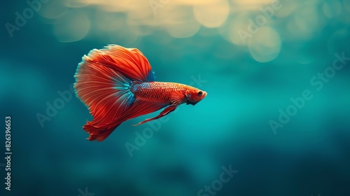This is an image of a beautiful Betta fish with vibrant red and blue fins, swimming gracefully in a crystal clear aquarium with soft lighting. photo