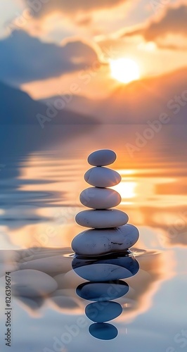 Photo of white stones stacked on top of each other  balanced in the center of calm water with reflections and distant mountains in the 