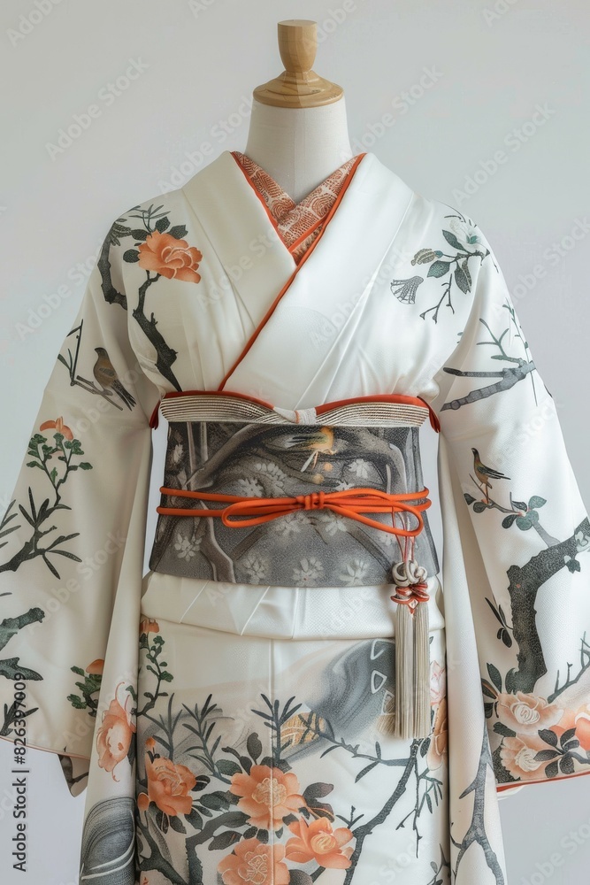 A woman wearing a kimono with a floral pattern and an obi with a bird pattern A woman wearing a kimono with a floral pattern and an obi with a bird pattern