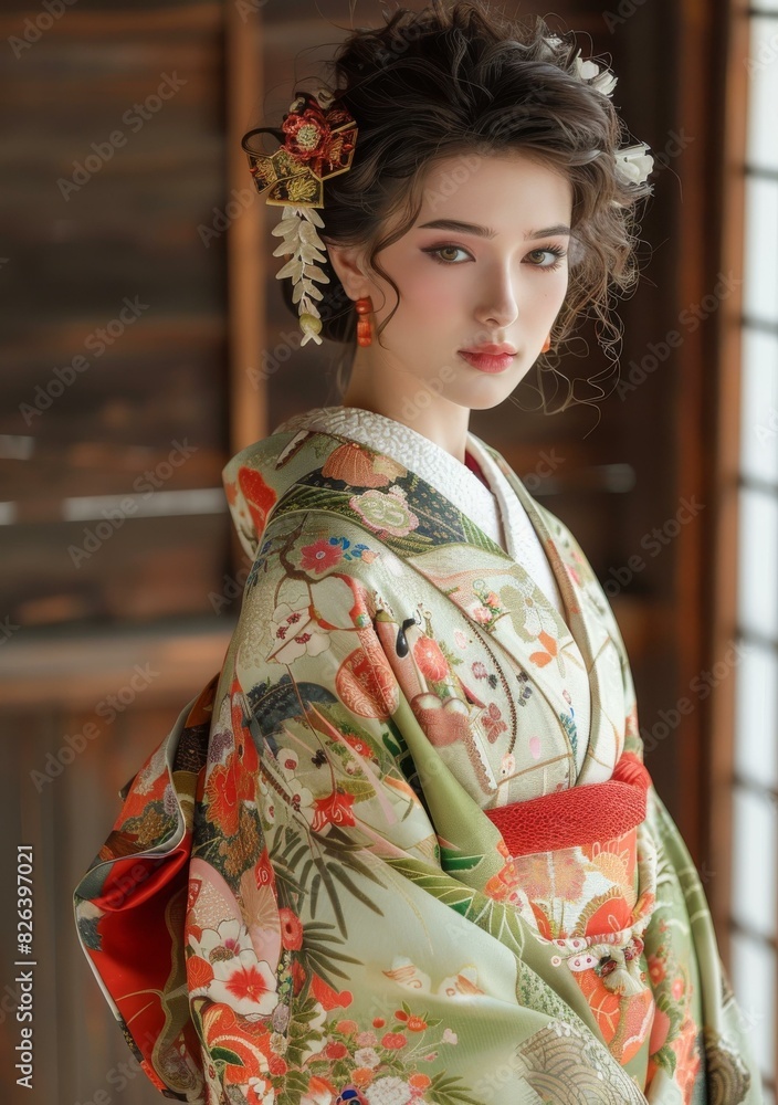 Beautiful Woman in Traditional Japanese Kimono