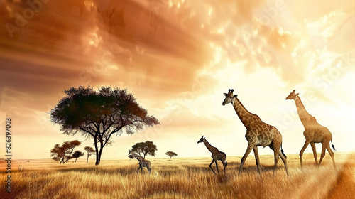   A group of giraffes and zebras strolled through a field with trees and clouds in the background © Alice