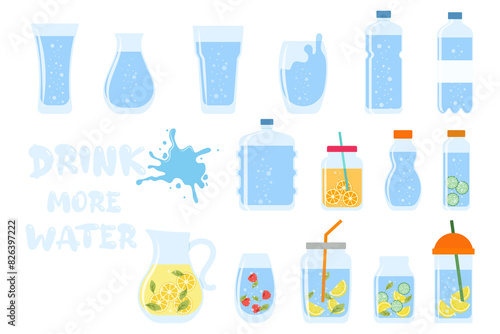 Drink more water. Stay hydrated. Glass, Plastic free, zero waste concept. Various bottles, glass, flask. Cute trendy vector illustration. Summer cold drink. Drink more water.